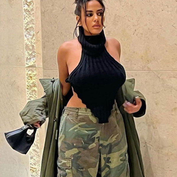 Sexy Turtleneck Open Back Sleeveless Cropped Knit Halter Top