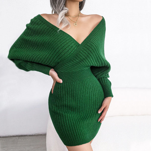 Sexy V Neck Long Sleeve Ribbed Knit Mini Pullover Sweater Dress