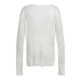Sheer White Boat Neck Drop Shoulder Distressed Ladder Knit Top