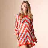 Sheer Chevron Orange and White Striped Bell Sleeve Crew Neck Pullover Long Sweater