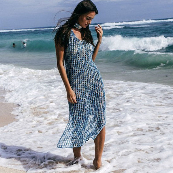 Sheer Blue Crew Neck Short Sleeve Backless Openwork Crochet Knit Cover Up Dress