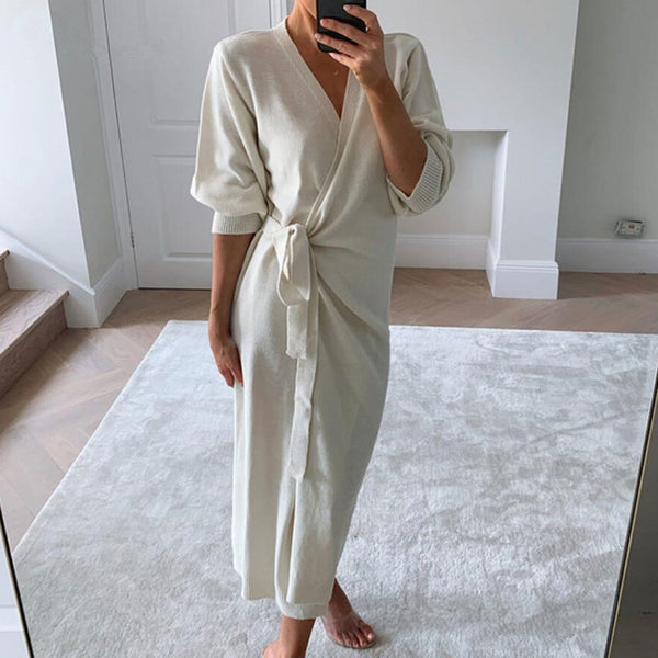Solid White Kimono Style Tied Waist Long Sleeve Wrap Maxi Knit Dress