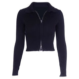 Street Collared Double Zip Up Rib Knit Fitted Cropped Cardigan
