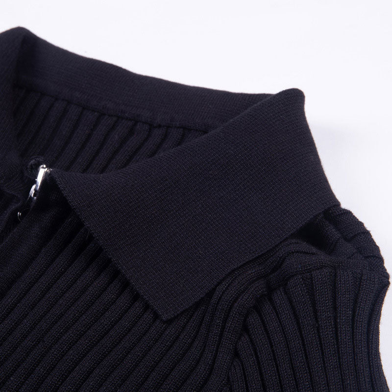 Street Collared Double Zip Up Rib Knit Fitted Cropped Cardigan