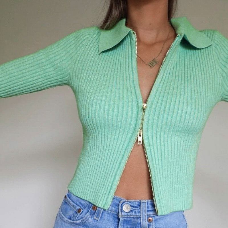 Street Collared Double Zip Up Rib Knit Fitted Cropped Cardigan
