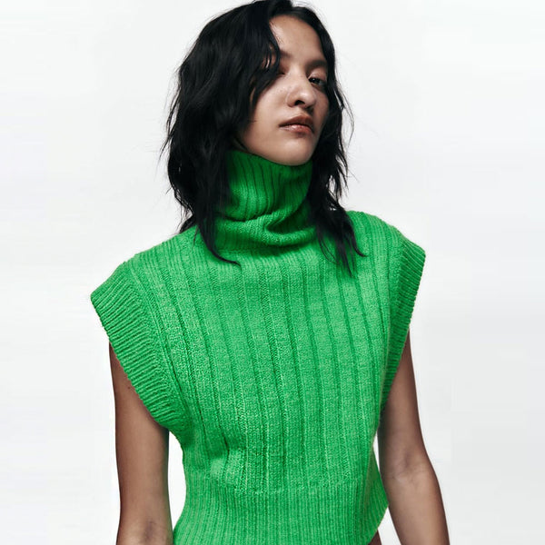 Street Style Green Chunky Knit Short Turtleneck Sweater Vest
