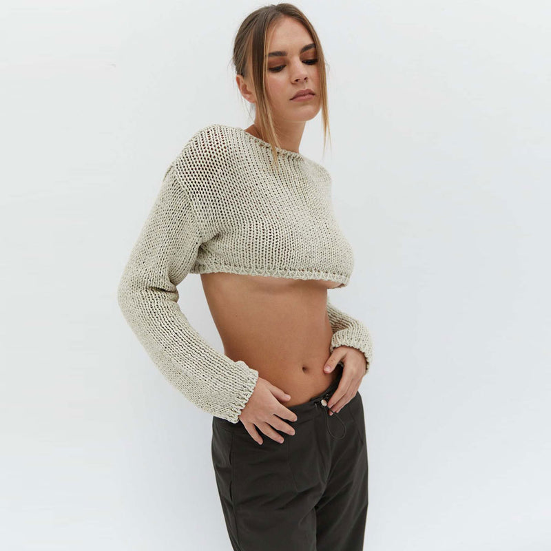 Street Style Crew Neck Drop Shoulder Pullover Beige Cropped Knit Sweater