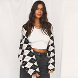 Stylish Black and White Argyle Drop Shoulder Long Sleeve Cropped Bolero Shrug Cardigan