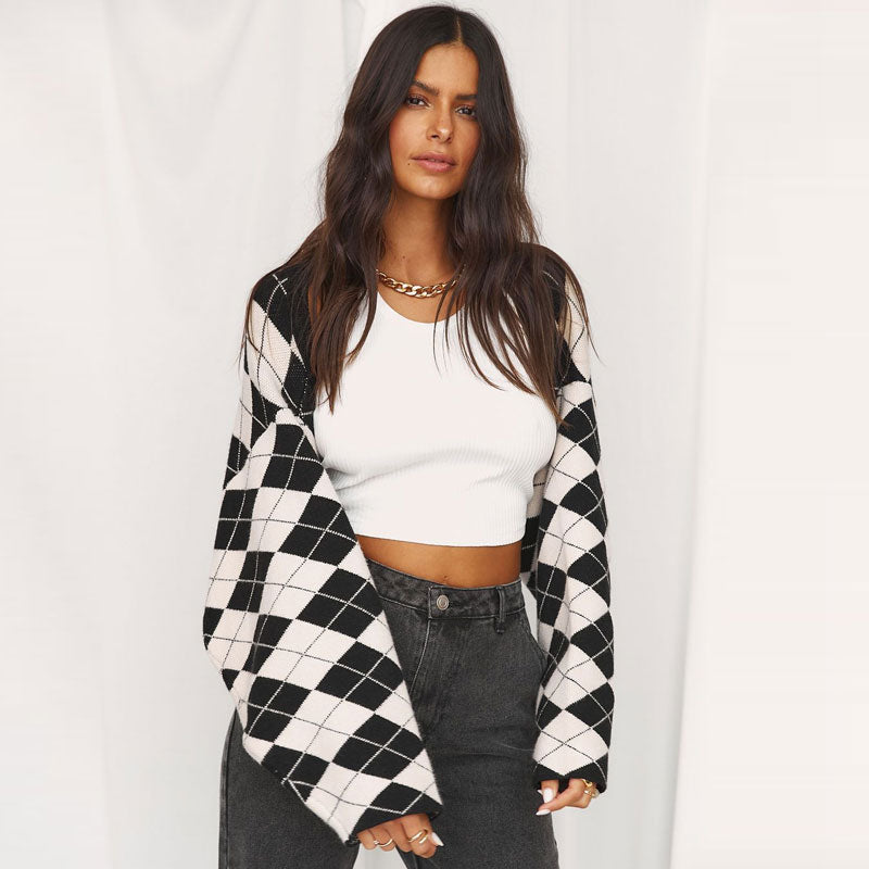 Stylish Black and White Argyle Drop Shoulder Long Sleeve Cropped Bolero Shrug Cardigan