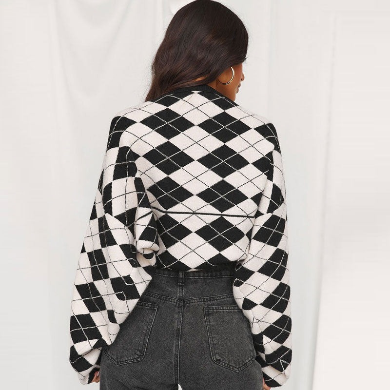 Stylish Black and White Argyle Drop Shoulder Long Sleeve Cropped Bolero Shrug Cardigan