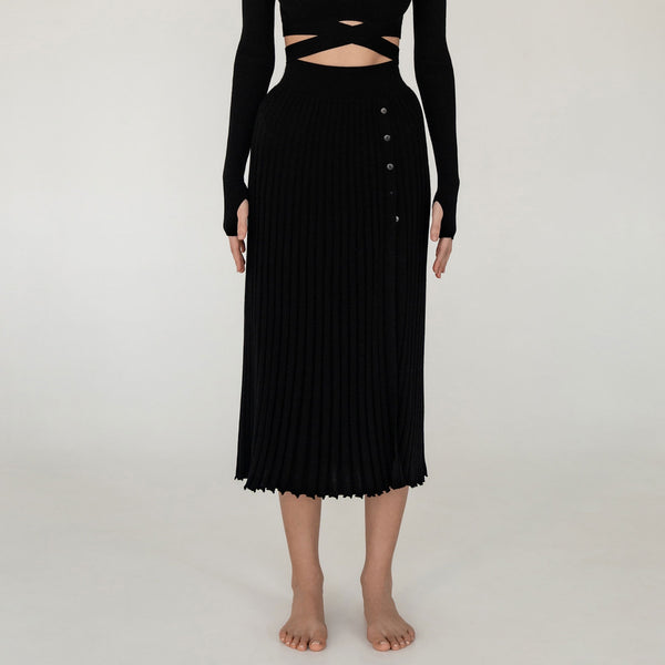 Stylish Buttoned Side Slit High Waist Pleated Knit Midi Skirt