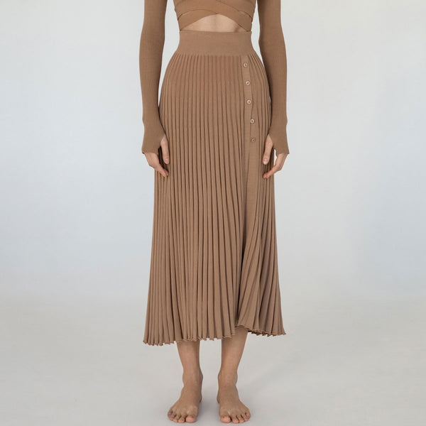 Stylish Buttoned Side Slit High Waist Pleated Knit Midi Skirt
