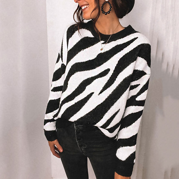 Stylish Crew Neck Contrast Zebra Jacquard Knit Pullover Sweater