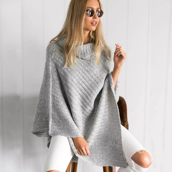 Stylish Diagonal Striped Cowl Neck Triangle Poncho Sweater