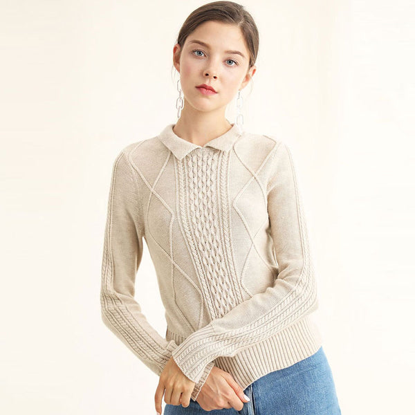 Stylish Folded Collar Wool Blend Fisherman Cable Knit Pullover Sweater