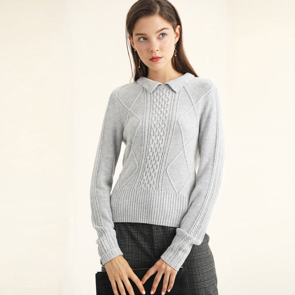 Stylish Folded Collar Wool Blend Fisherman Cable Knit Pullover Sweater