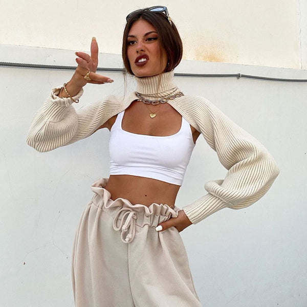 Stylish Solid Ivory Turtleneck Balloon Sleeve Rib Knit Shrug Sweater