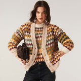 Textured Multicolor Checkered Knit V Neck Drop Shoulder Button Up Cardigan