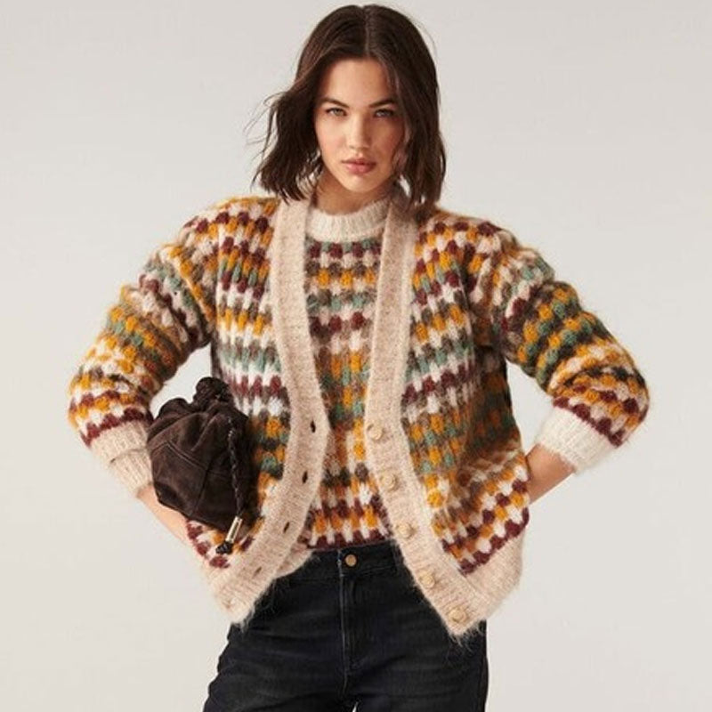 Textured Multicolor Checkered Knit V Neck Drop Shoulder Button Up Cardigan