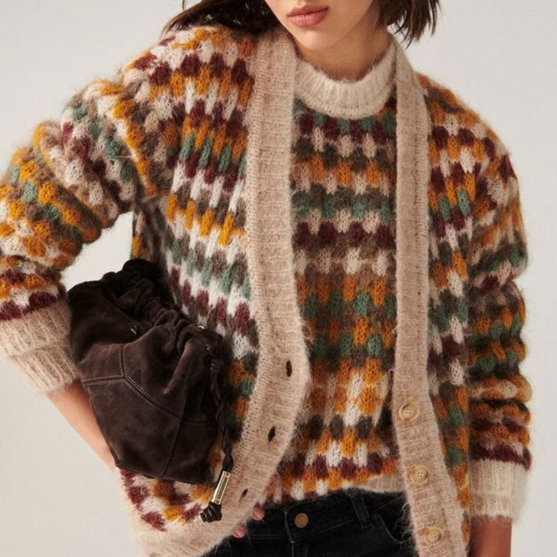 Textured Multicolor Checkered Knit V Neck Drop Shoulder Button Up Cardigan