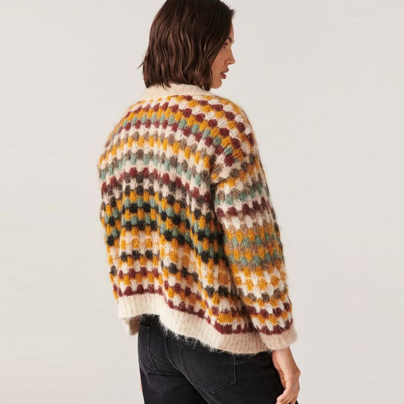 Textured Multicolor Checkered Knit V Neck Drop Shoulder Button Up Cardigan