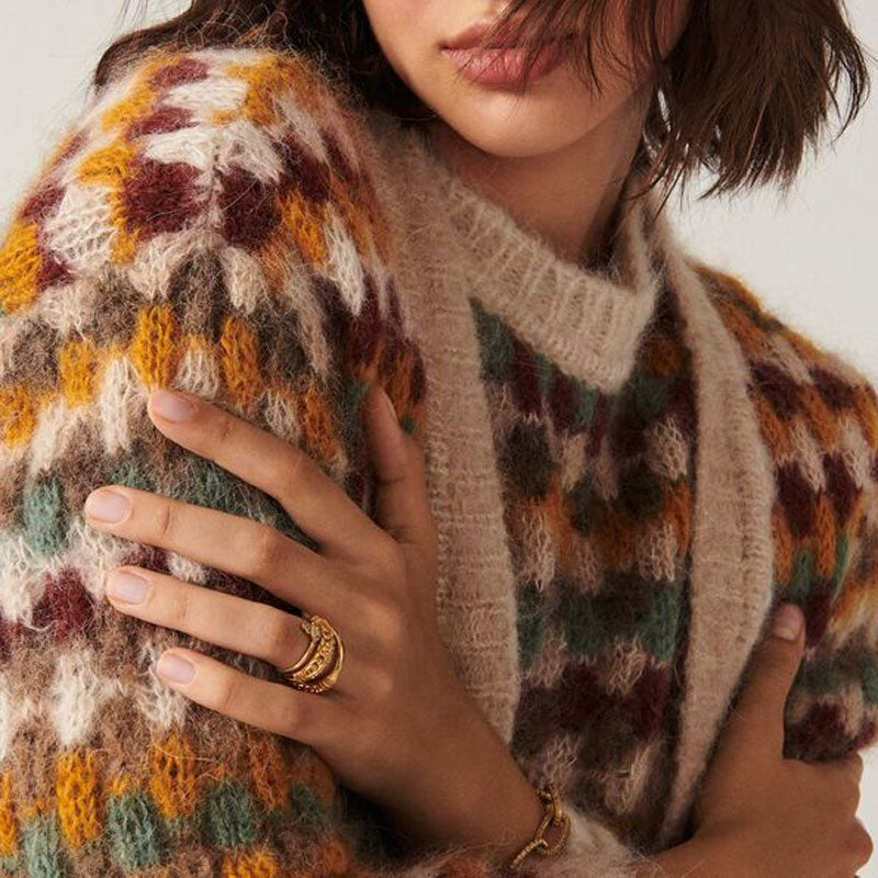 Textured Multicolor Checkered Knit V Neck Drop Shoulder Button Up Cardigan