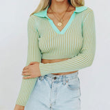 Trendy Collared V Neck Long Sleeve Fitted Cropped Green Rib Knit Top