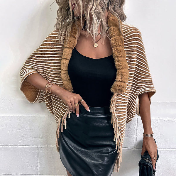 Trendy Khaki Contrast Striped Faux Fur Trim Textured Knit Cocoon Cardigan