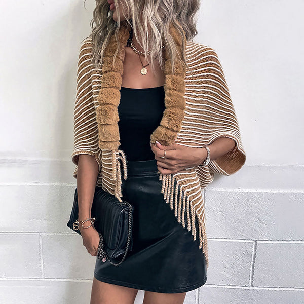 Trendy Khaki Contrast Striped Faux Fur Trim Textured Knit Cocoon Cardigan