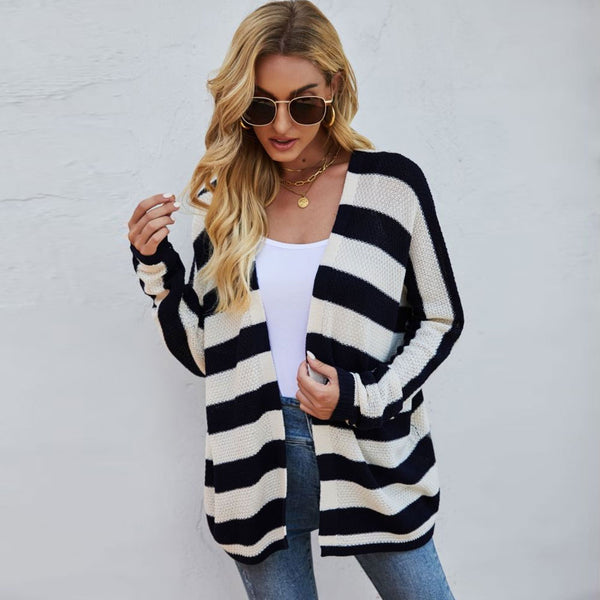 Trendy Contrast Black Striped Long Sleeve Open Front Oversized Cardigan