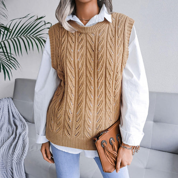Trendy Crew Neck Textured Pointelle Cable Knit Pullover Sweater Vest
