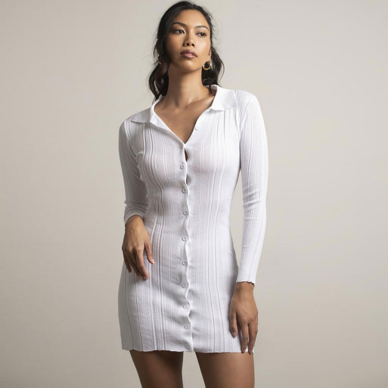 Trendy Folded Collar Button Down White Fitted Rib Knit Mini Dress