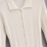 Trendy Folded Collar Button Down White Fitted Rib Knit Mini Dress