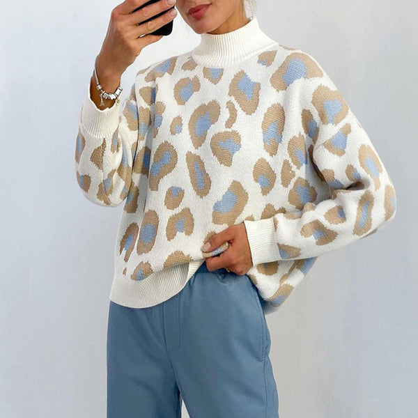Trendy High Neck Blue Leopard Jacquard Pullover Knit Sweater