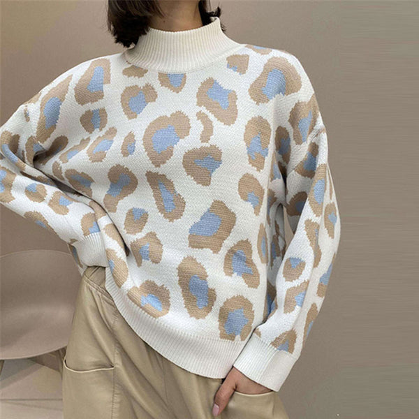 Trendy High Neck Blue Leopard Jacquard Pullover Knit Sweater