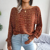 Trendy Marled Cable Knit Boat Neck Long Sleeve Pullover Sweater