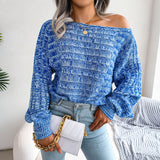 Trendy Marled Cable Knit Boat Neck Long Sleeve Pullover Sweater