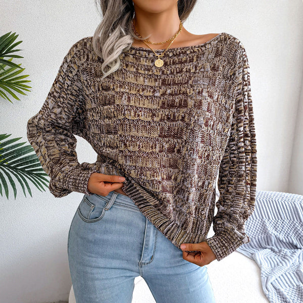 Trendy Marled Cable Knit Boat Neck Long Sleeve Pullover Sweater
