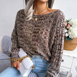 Trendy Marled Cable Knit Boat Neck Long Sleeve Pullover Sweater