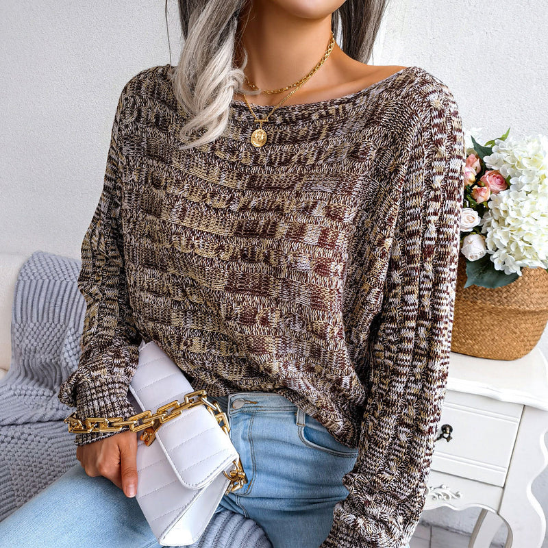 Trendy Marled Cable Knit Boat Neck Long Sleeve Pullover Sweater