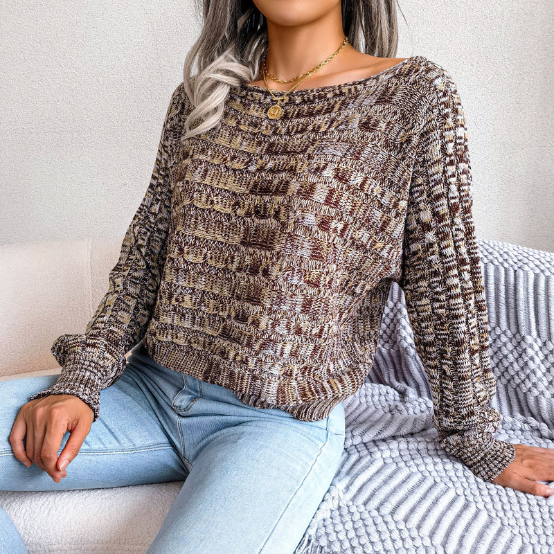 Trendy Marled Cable Knit Boat Neck Long Sleeve Pullover Sweater