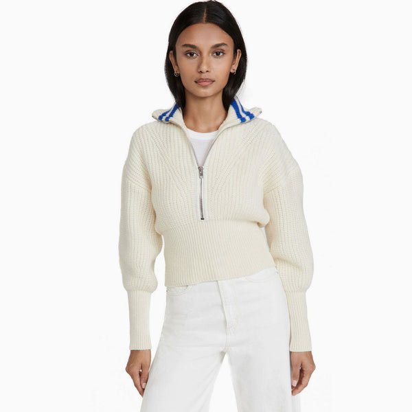 Trendy Striped Print Collared Half Zip Ivory Chunky Knit Sweater