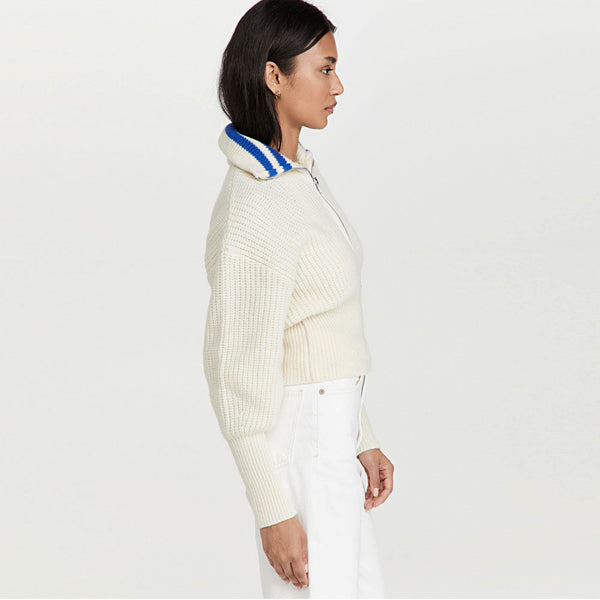 Trendy Striped Print Collared Half Zip Ivory Chunky Knit Sweater