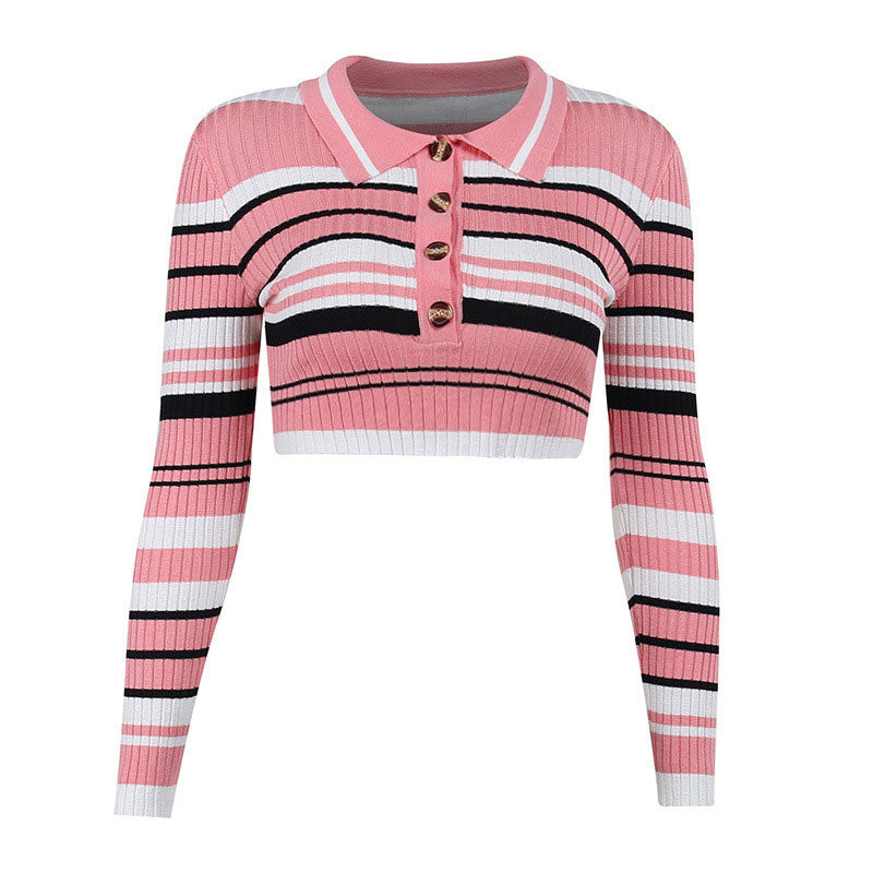 Trendy Pink Striped Print Folded Collar Half Button Rib Knit Fitted Crop Top