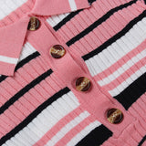 Trendy Pink Striped Print Folded Collar Half Button Rib Knit Fitted Crop Top