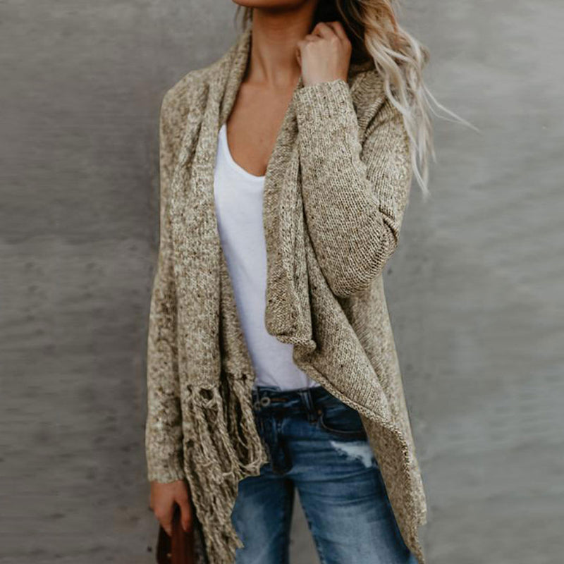 Trendy Tassel Trim Draped Collar Long Sleeve Knit Cardigan