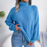 Trendy Turtleneck Balloon Sleeve Pullover Fisherman Cable Knit Sweater