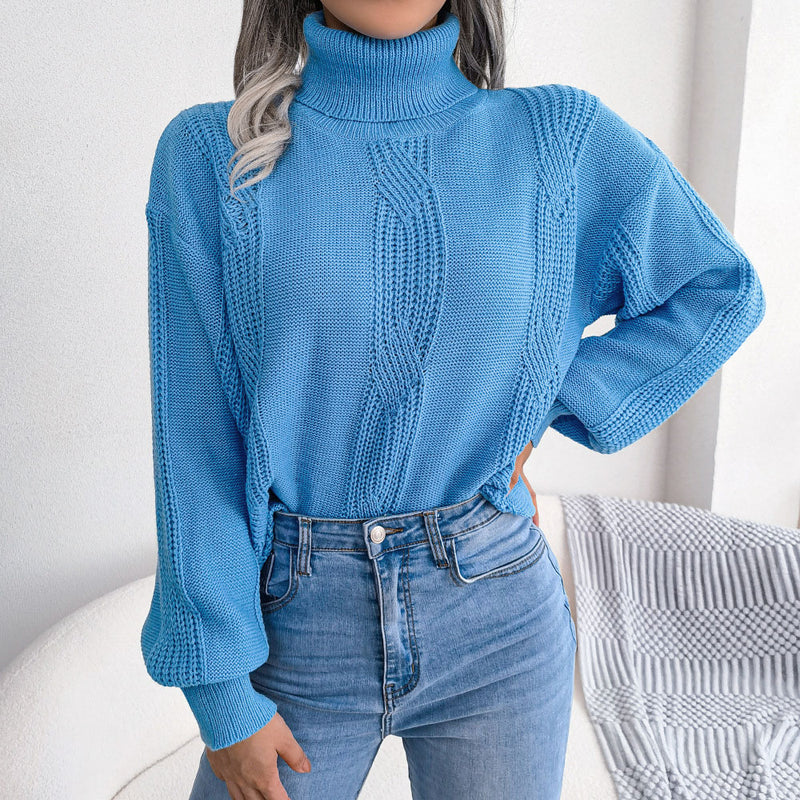 Trendy Turtleneck Balloon Sleeve Pullover Fisherman Cable Knit Sweater