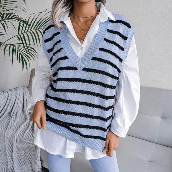 Trendy V Neck Contrast Striped Jacquard Knit Pullover Sweater Vest