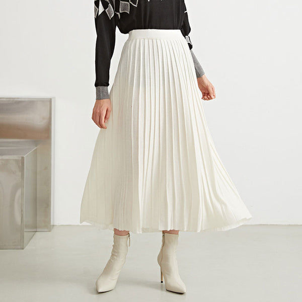 Trendy Wool Blend Knit A Line Pleated White Midi Skirt